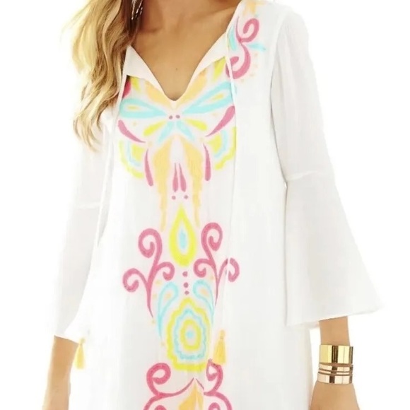 Lilly Pulitzer Ellie Tunic Dress Resort Embroidered Tassels White Neon - Picture 2 of 16